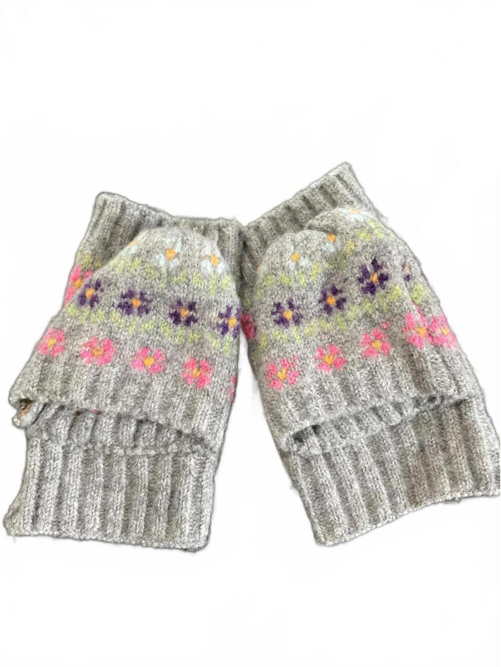 Free People Gray Knit Fingerless  Wool Gloves with Colorful Floral Pattern